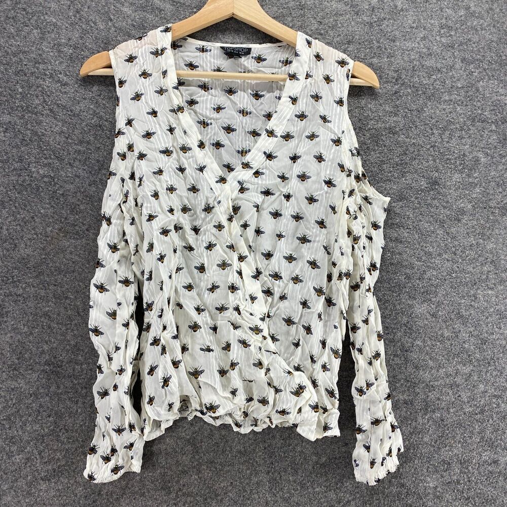 5/$45 Topshop Top Women 6 White Fly Print V-Neck Cold Shoulder Long Sleeve